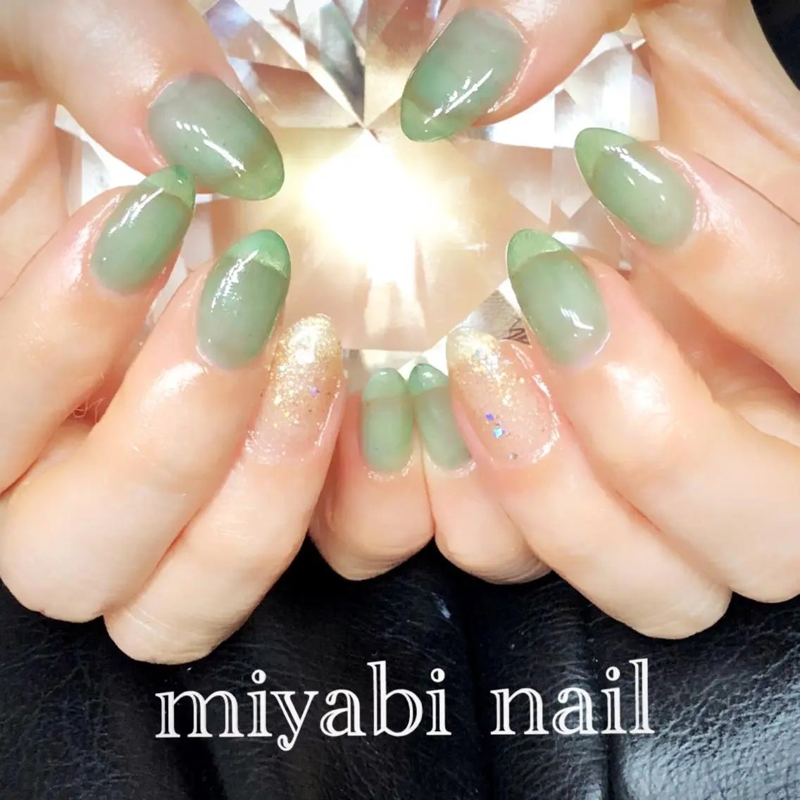 ネイル オーロラネイル ジェルネイル グリーン ラメ(グリッター) 持ち込み ハンドネイル miyabi nail 桂川駅近くのネイルデザイン