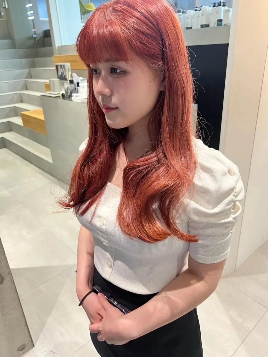 ロング カラー ブリーチ オレンジ ピンクカラー カット ヘアカラー トリートメント 吉沢遣人/レイヤー 艶カラー/抜け感のヘアスタイル