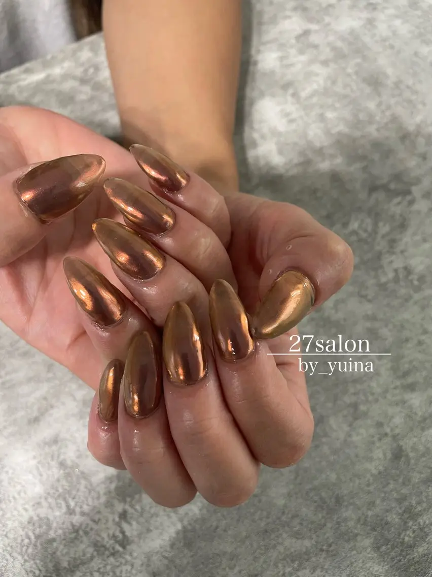 ネイル ブラウン ミラーネイル ハンドネイル 27salon yuinaのネイルデザイン