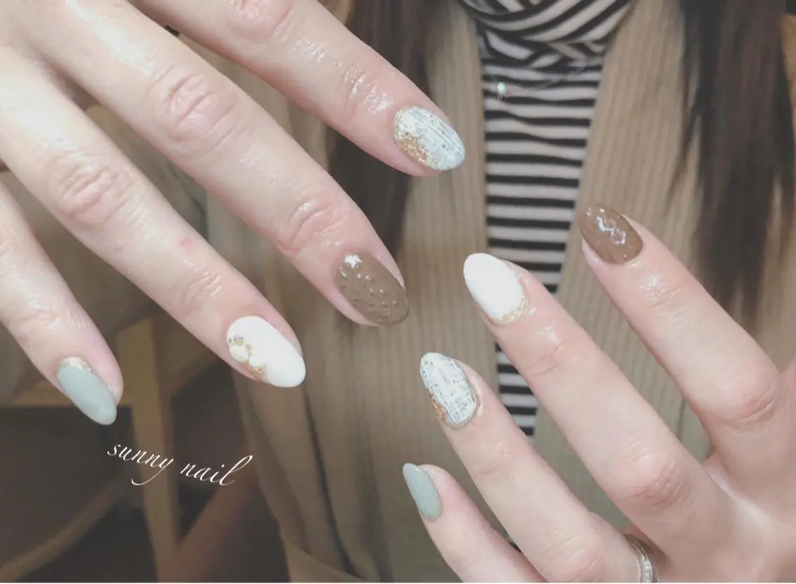 ネイル マットネイル ピスタチオネイル ツイードネイル sunny nailのネイルデザイン