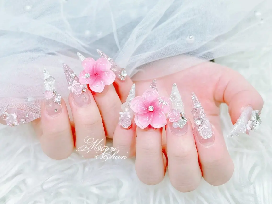 ネイル 成人式 大理石ネイル(マーブル) リボン 夏ネイル ネイルチップ ハンドネイル MoMoA Nail ネイル長さ出し専門店のネイルデザイン