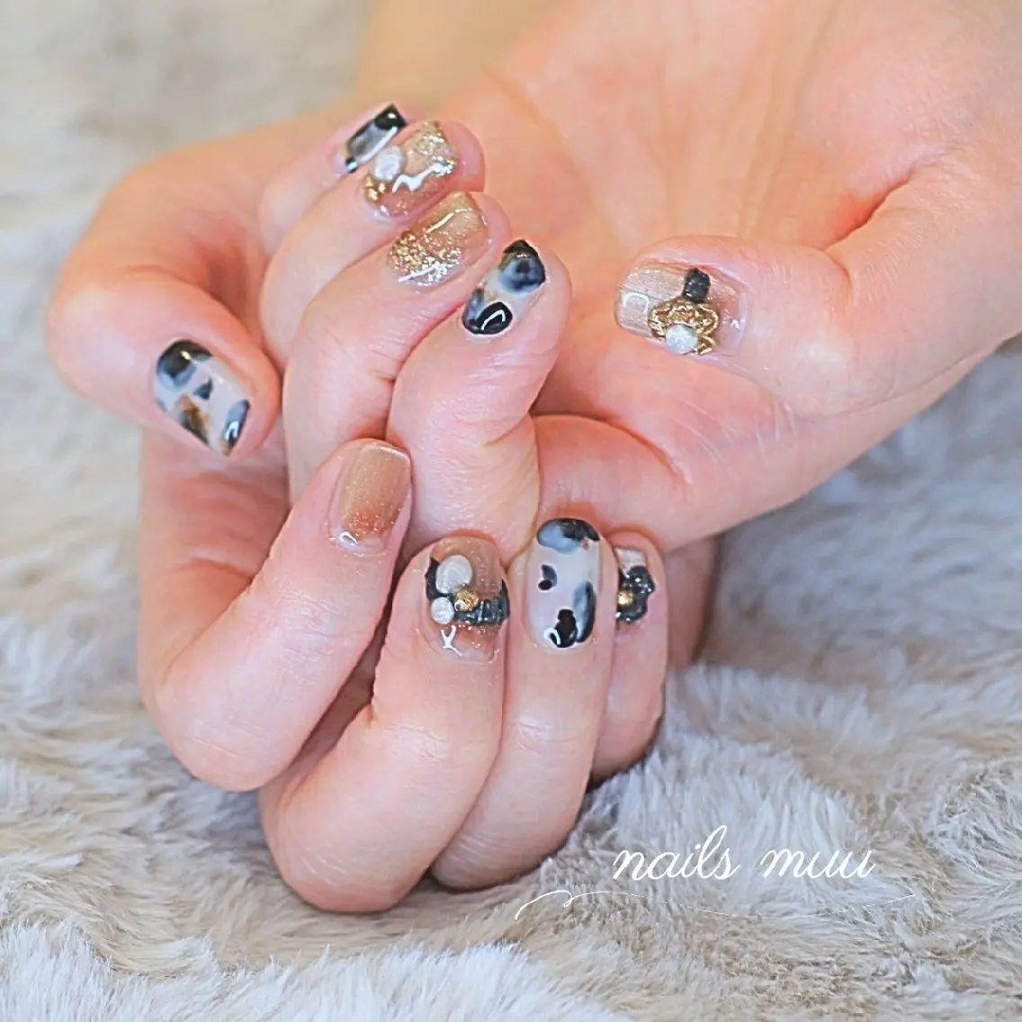 ネイル アニマル柄 べっ甲ネイル ブラウン キラキラネイル ネイルチップ nails muu まゆのネイルデザイン