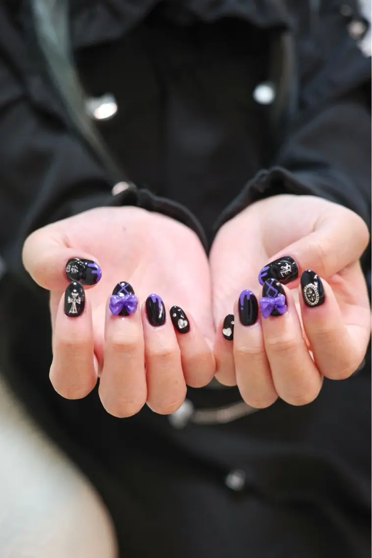 ネイル パープル リボン ハンドネイル pointillé .ayaのネイルデザイン