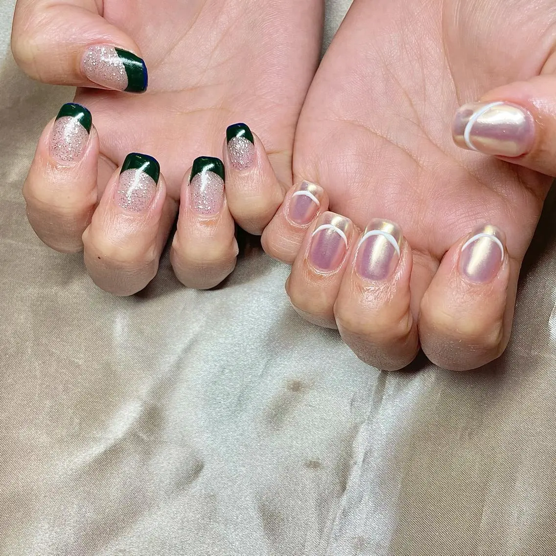 ミディアム カラー パーマ ヘアアレンジ メンズ キッズ ネイル マツエク・マツパ オーロラネイル フレンチネイル グリーン マットネイル el. by Aoのネイルデザイン