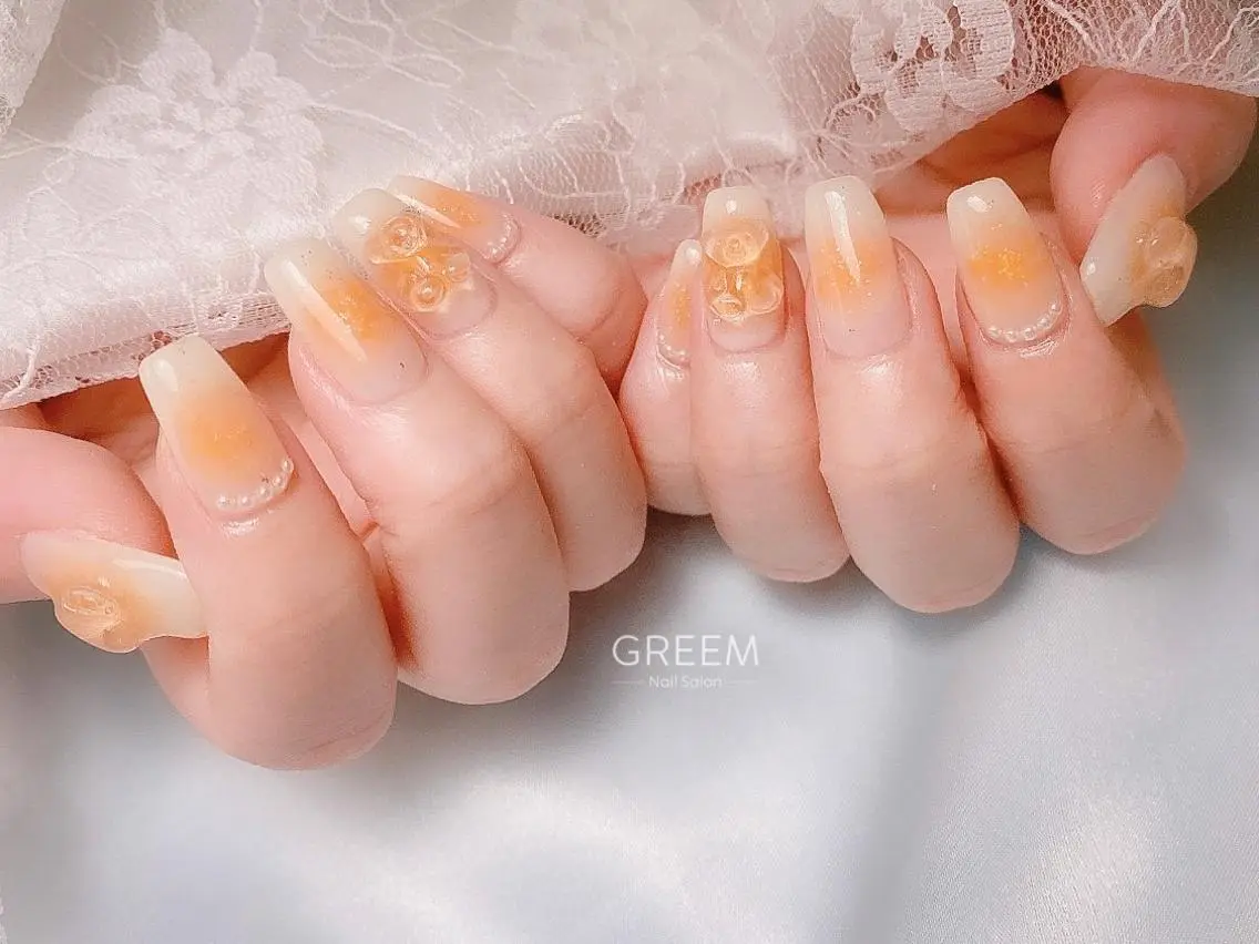 ネイル チークネイル クリアネイル ガーリー オレンジ 春ネイル GREEM グリームのネイルデザイン