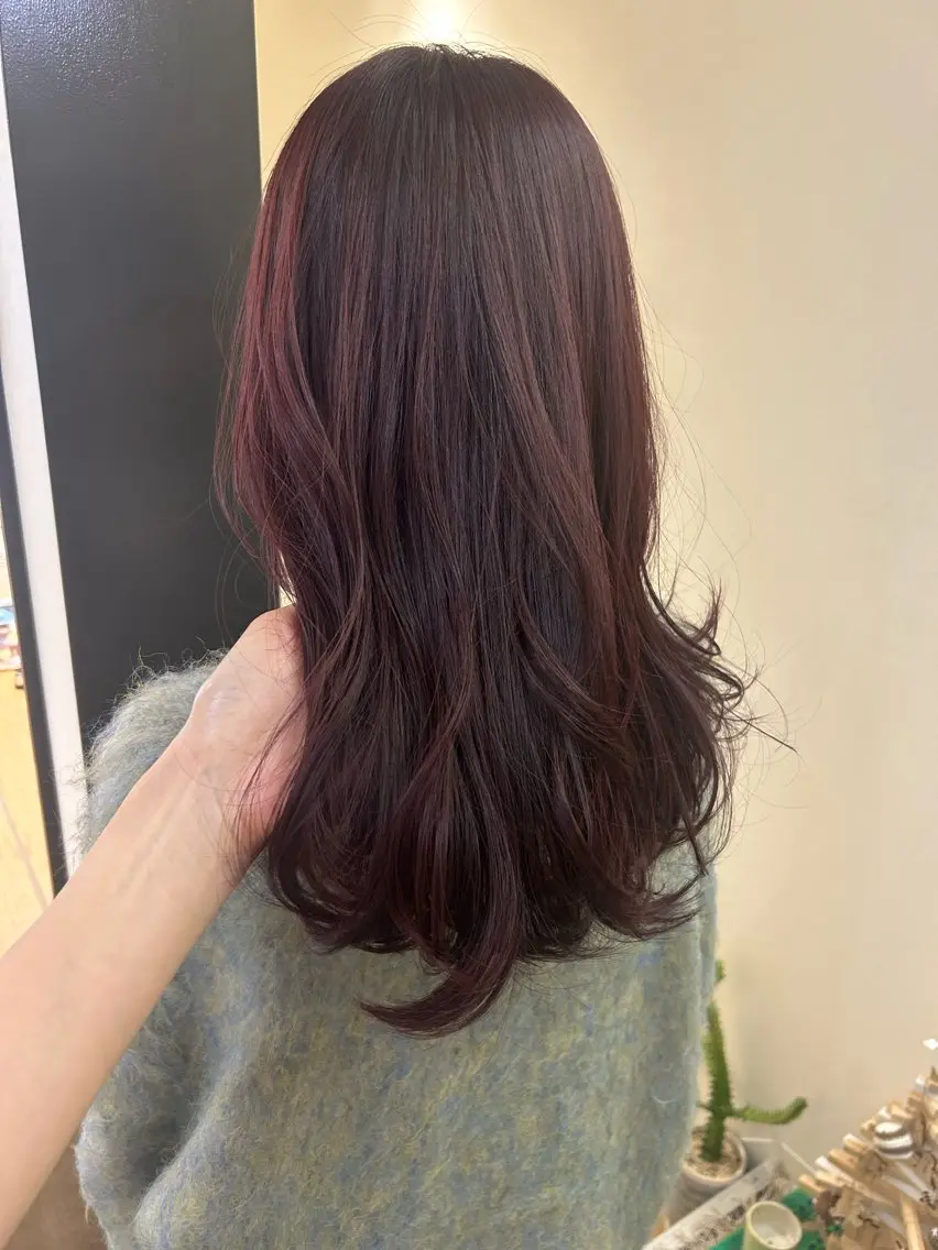 ロング カラー ブリーチ ボルドーカラー ブリーチなしカラー hubhair レイヤー/透明感のヘアスタイル