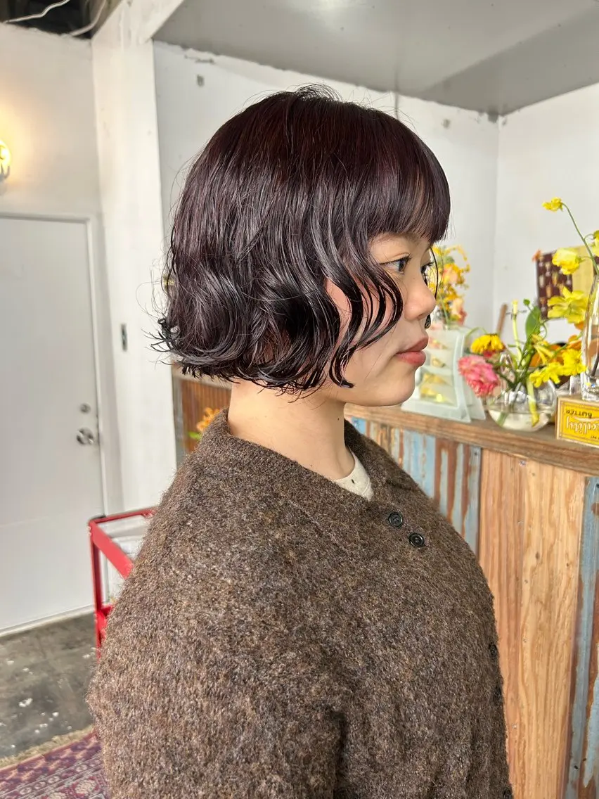 ミディアム カラー パーマ ミディアムパーマ レッドカラー ボブ カット ヘアカラー パーマ maho/垢抜け カラーパーマのヘアスタイル