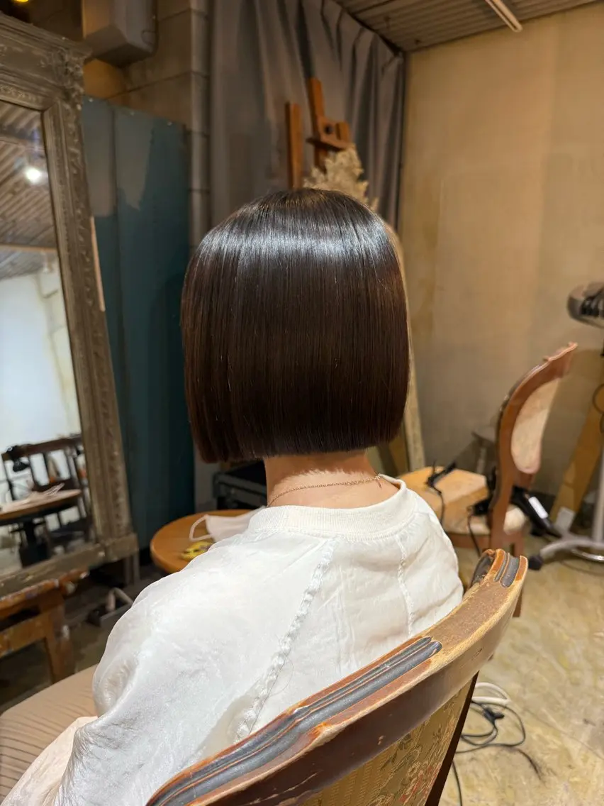ショート 切りっぱなしボブ ボブ 縮毛矯正 鹿児島/カットモデル /髪質改善/あやかのヘアスタイル