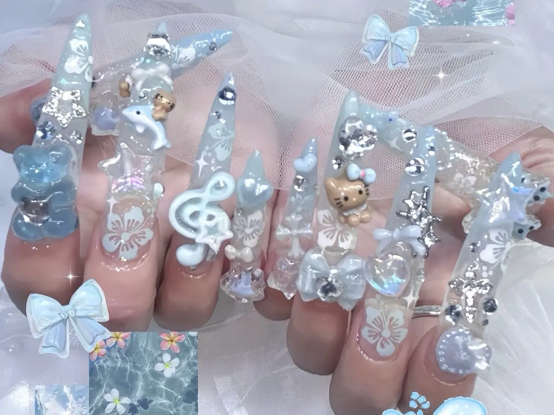 ネイル ブルー クリアネイル ドット フットネイル ジェルネイル ハンドネイル Rin Nail 新大久保店のネイルデザイン