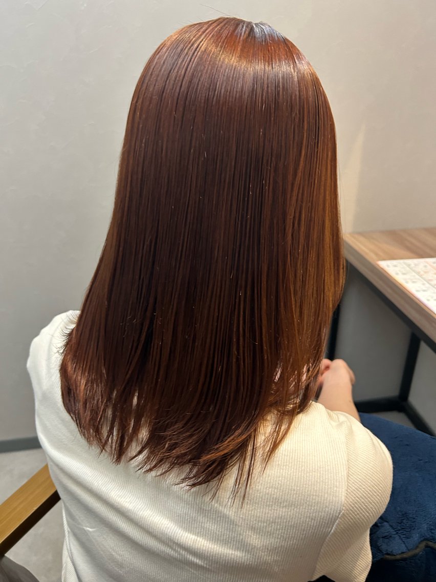 セミロング カラー ブラウンカラー オレンジ オレンジブラウン カット ヘアカラー レイヤー/縮毛矯正 艶感/ririkaのヘアスタイル