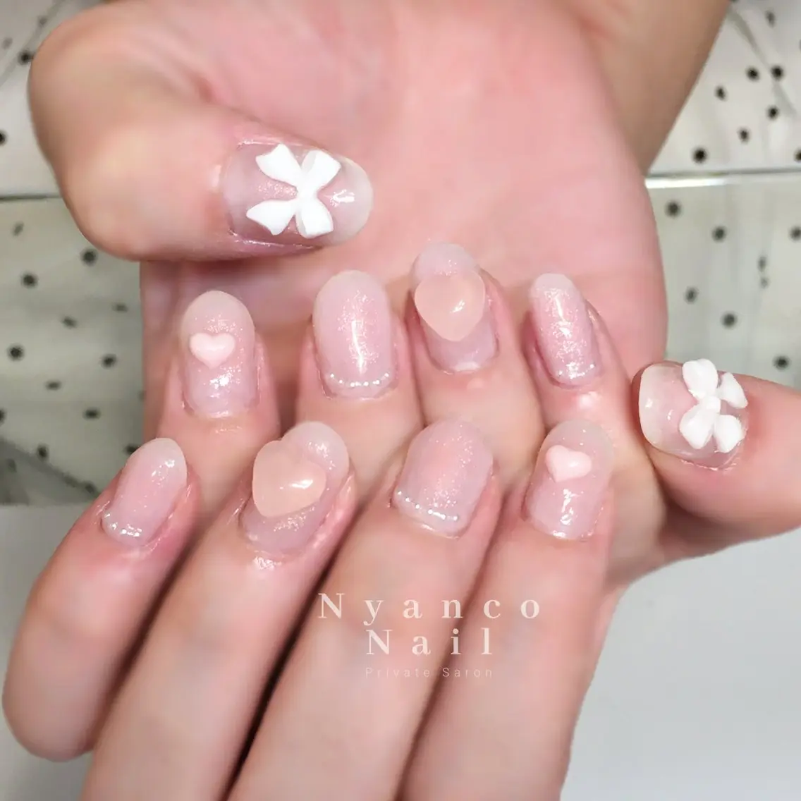 ネイル チークネイル ジェルネイル ハート リボン ワンホンネイル Nyanco Nailのネイルデザイン