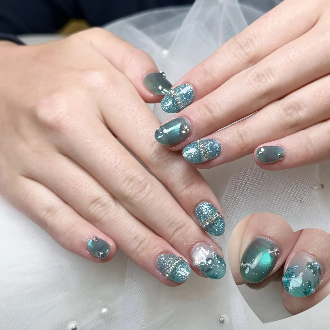 ネイル アートネイル ブルー フラワーネイル グリーン キラキラネイル ハンドネイル Wilu nail 二子玉川店のネイルデザイン