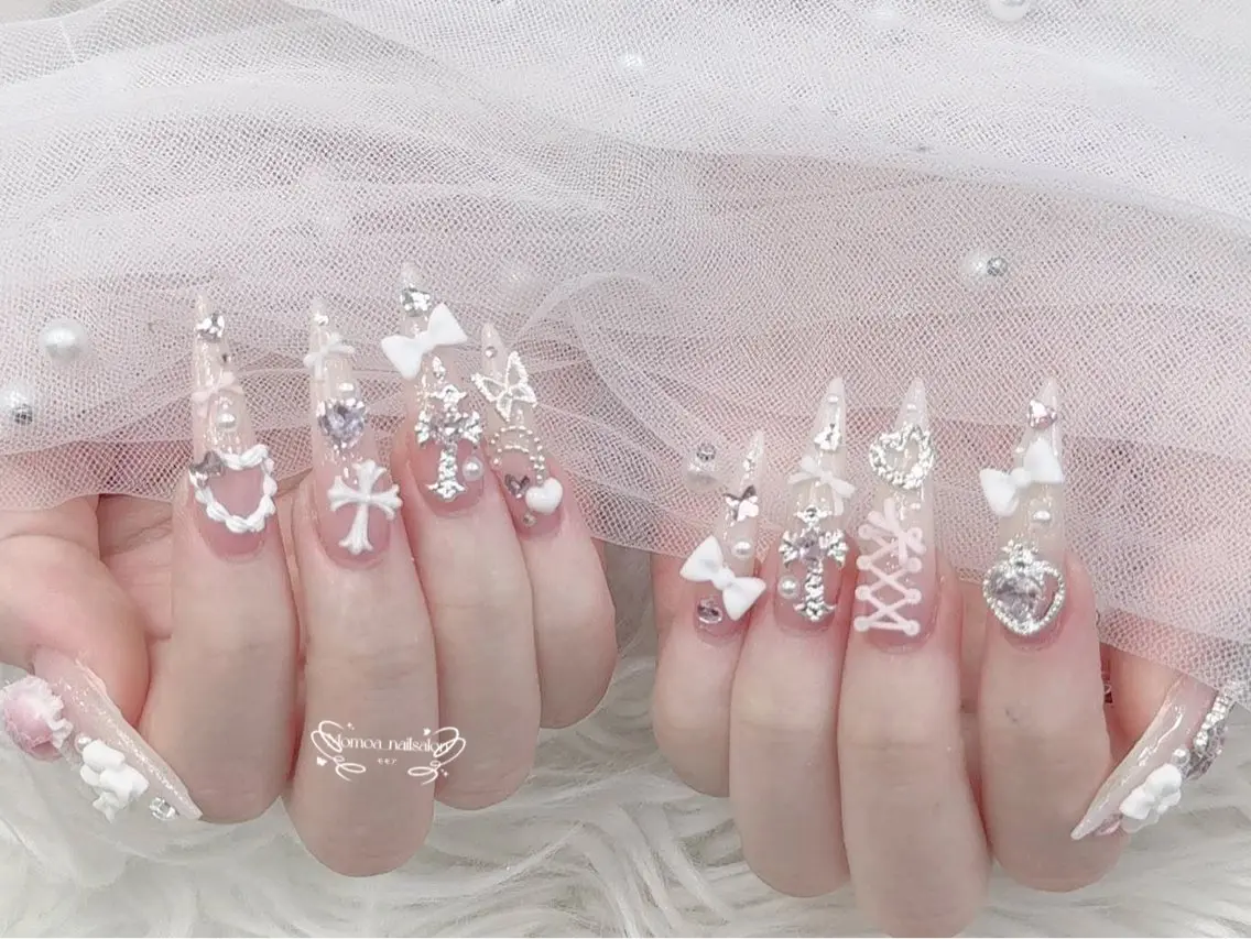 ネイル 成人式 大理石ネイル(マーブル) リボン 夏ネイル ネイルチップ ハンドネイル MoMoA Nail ネイル長さ出し専門店のネイルデザイン