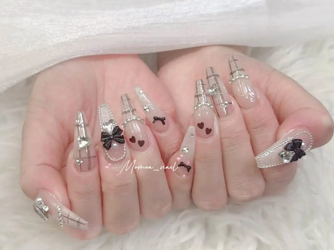 ネイル 成人式 マグネットネイル 大理石ネイル(マーブル) リボン 夏ネイル ハンドネイル MoMoA Nail ネイル長さ出し専門店のネイルデザイン