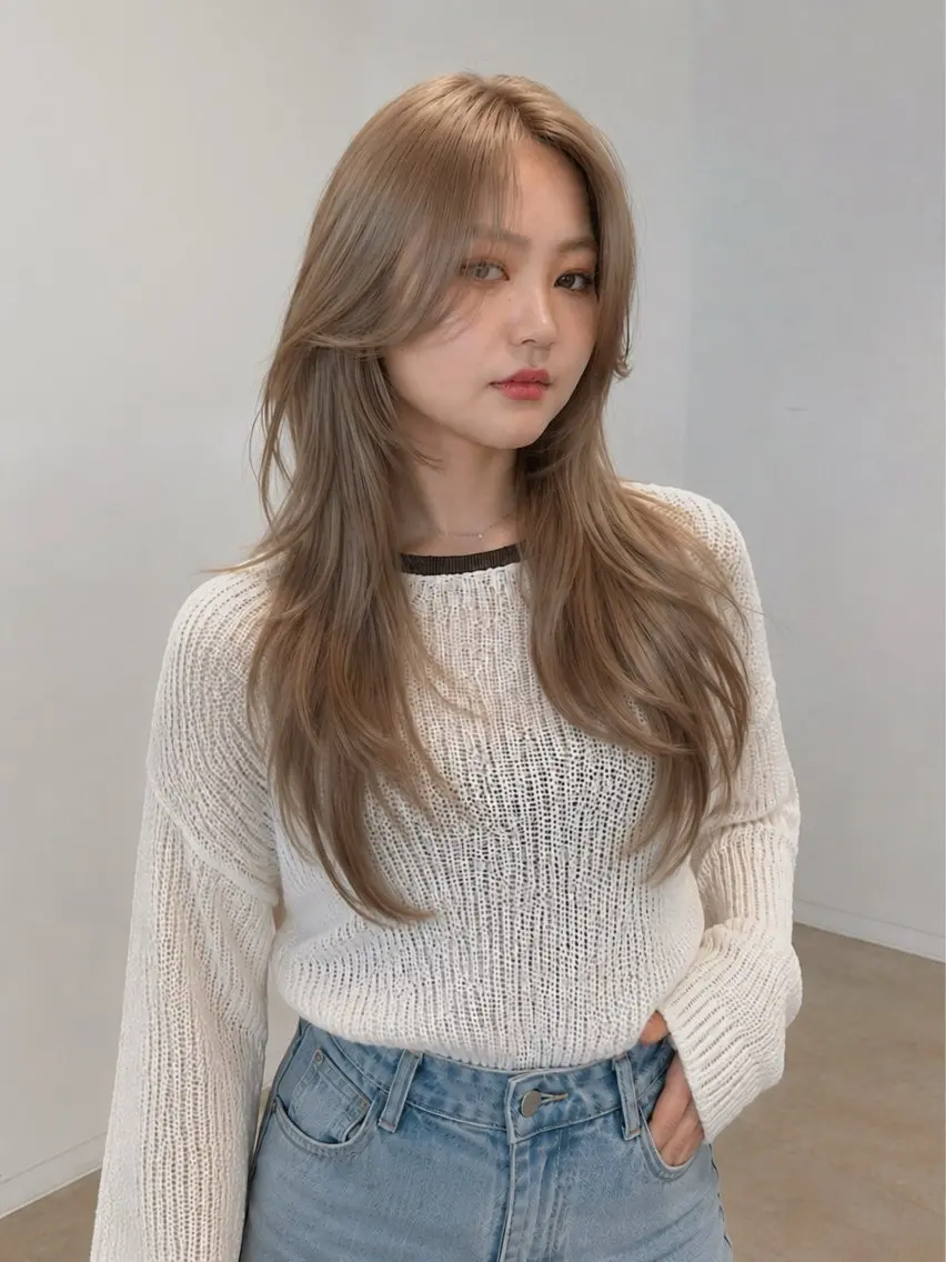 ロング カラー ベージュカラー ハイトーンカラー ハイトーンベージュ ハッシュカット ロング カット ヘアカラー 大阪ウルフカット ハッシュカットのヘアスタイル