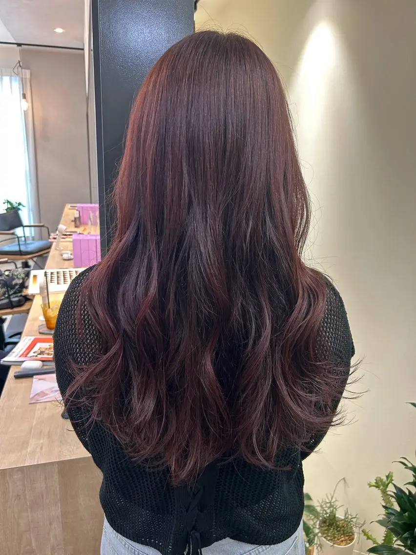 ロング カラー ブリーチ ブリーチなしカラー レッドカラー hubhair レイヤー/透明感のヘアスタイル