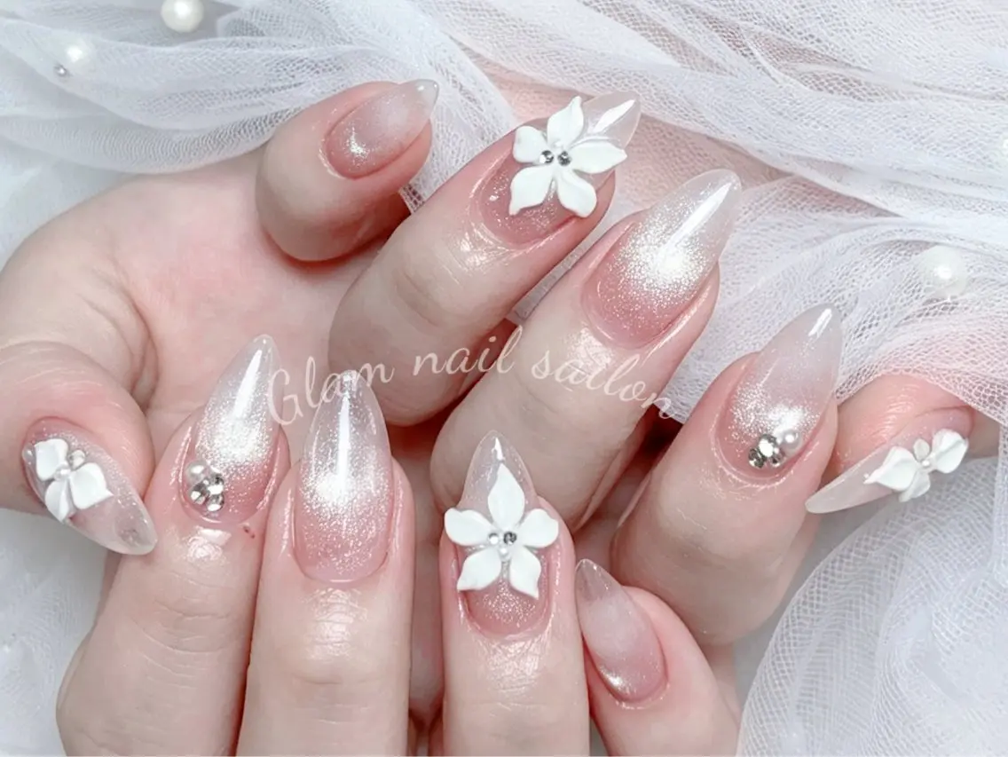 ネイル ハンドネイル エツメ💅 長さ出し🎀デザインのネイルデザイン