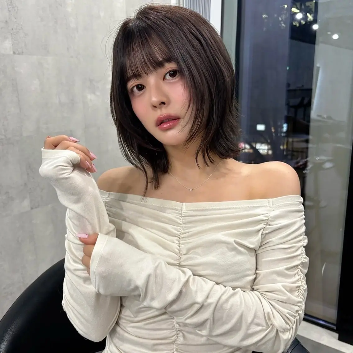 ミディアム ボブレイヤー ボブ レイヤーカット カット ヘアカラー トリートメント レイヤー/韓国ボブ レイヤーボブ/住吉のヘアスタイル