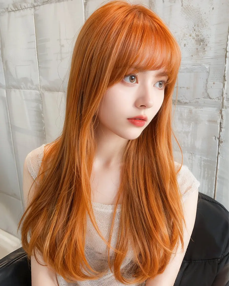 ロング カラー ハイトーンカラー ハイトーンオレンジ オレンジ レイヤーカット ロング レイヤーカット ハッシュレイヤー特化のヘアスタイル