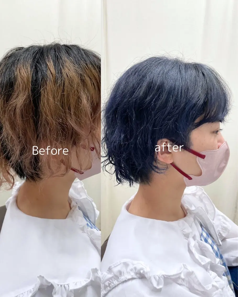 ショート カラー ブリーチ 透明感カラー ネイビーカラー 関根 萌花のヘアスタイル