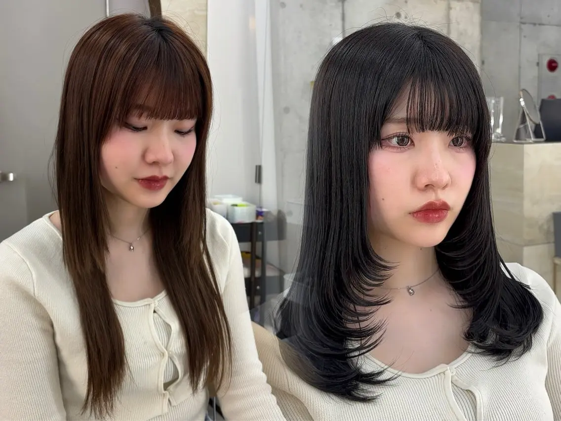 セミロング カラー カット トリートメント 髪質改善|透明 感カラー🩵レイヤーのヘアスタイル