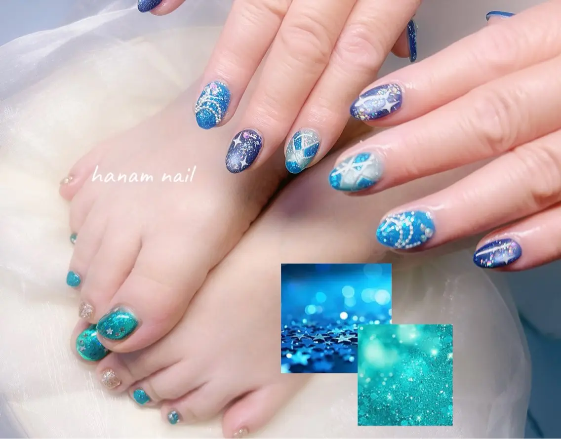 ネイル フットネイル ハンドネイル hanam nail 🌿🩵ハナムネイルのネイルデザイン