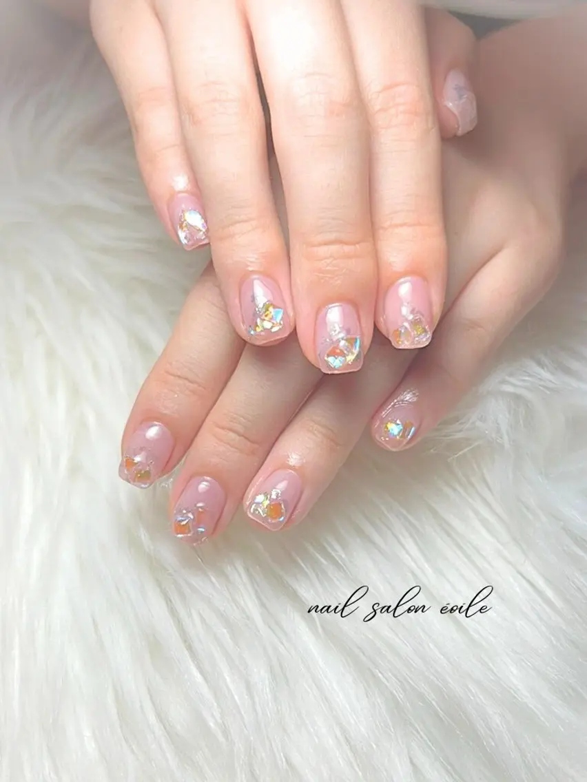 ネイル オーロラネイル クリアネイル 韓国ネイル ピンク ストーンネイル ハンドネイル nail salon étoileのネイルデザイン