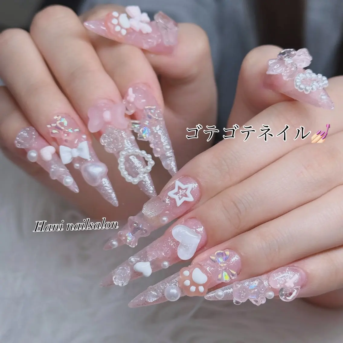 ネイル ロングネイル マグネットネイル リボン 夏ネイル スーパーロングネイル ハンドネイル Hani Nail Salonのネイルデザイン
