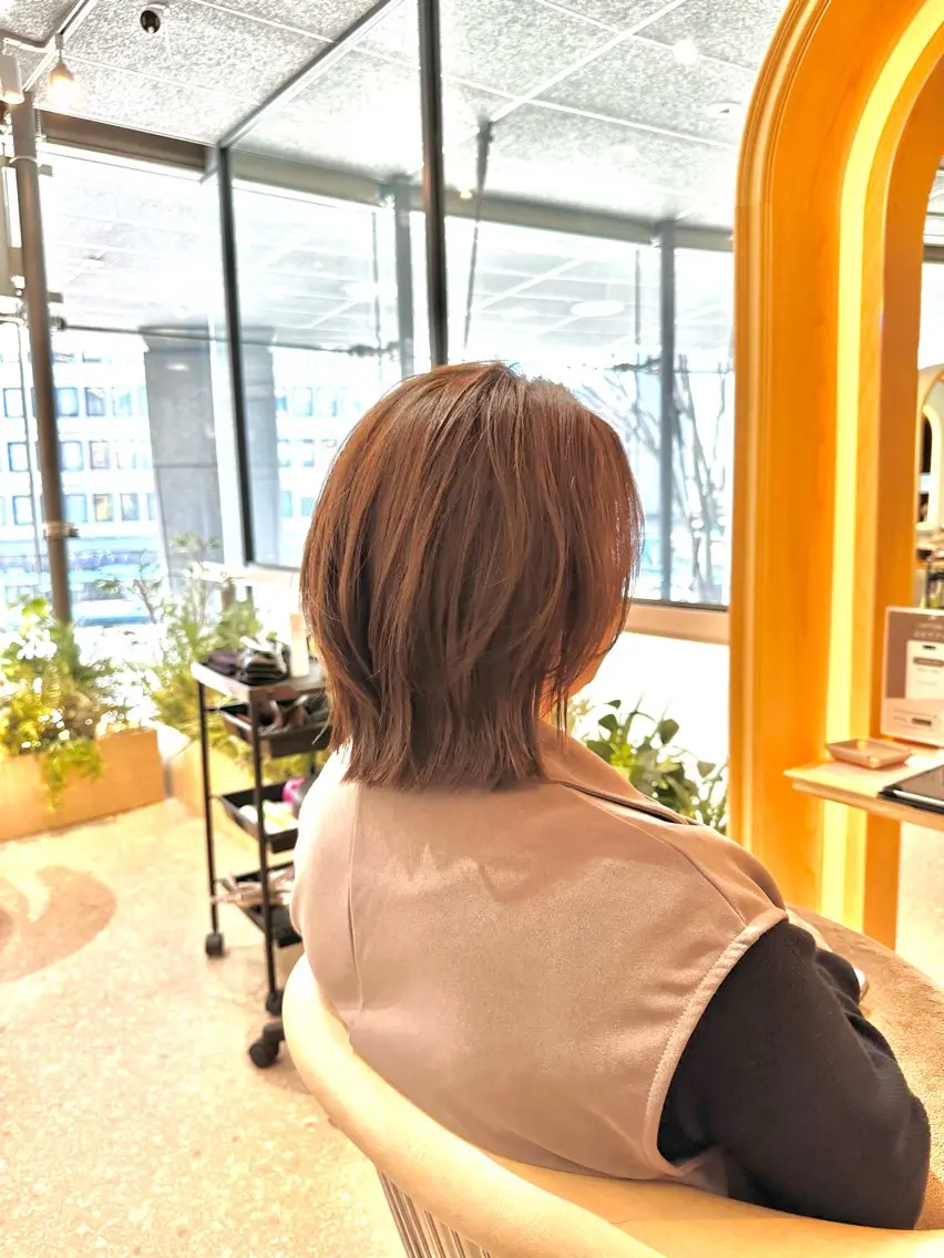 ミディアム カラー ミディアムレイヤー レイヤーカット 撮影モデル募集【くび れショートボブ】馨のヘアスタイル
