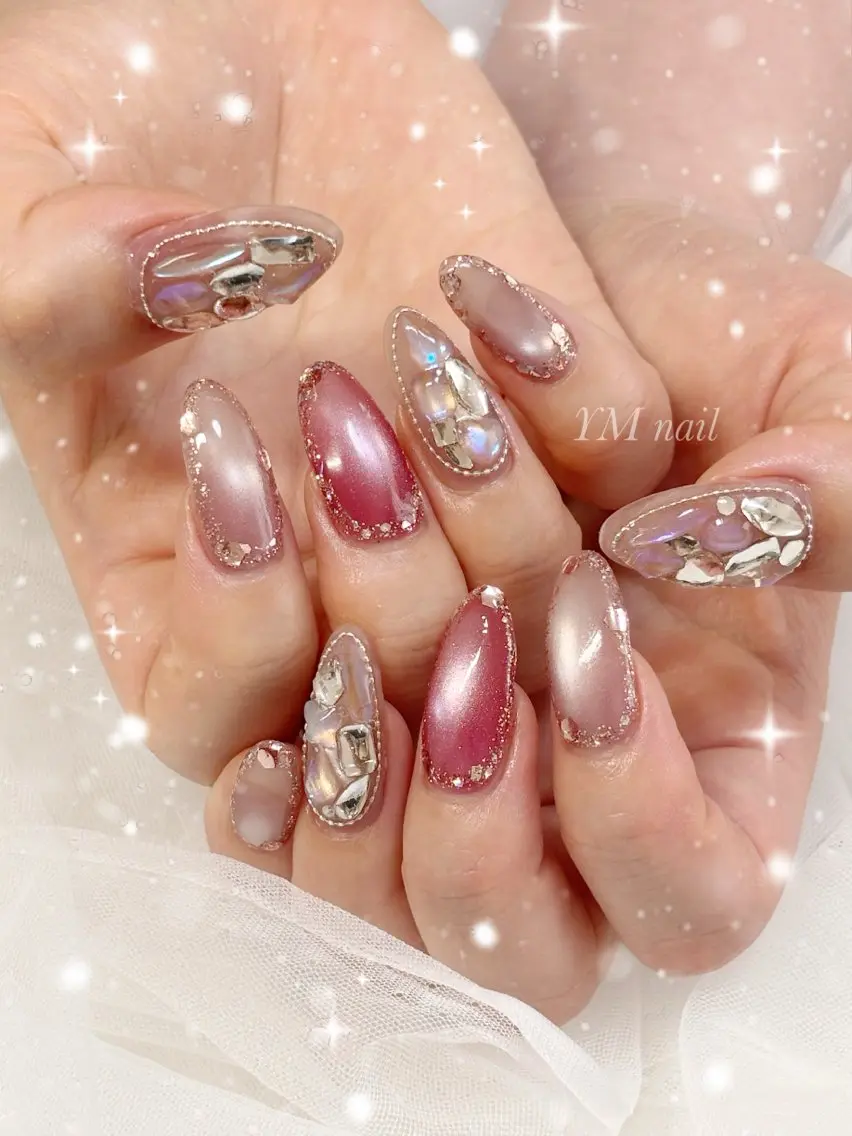 ネイル キラキラネイル 韓国ネイル マグネットネイル ピンク ワンホンネイル ハンドネイル YM nailのネイルデザイン