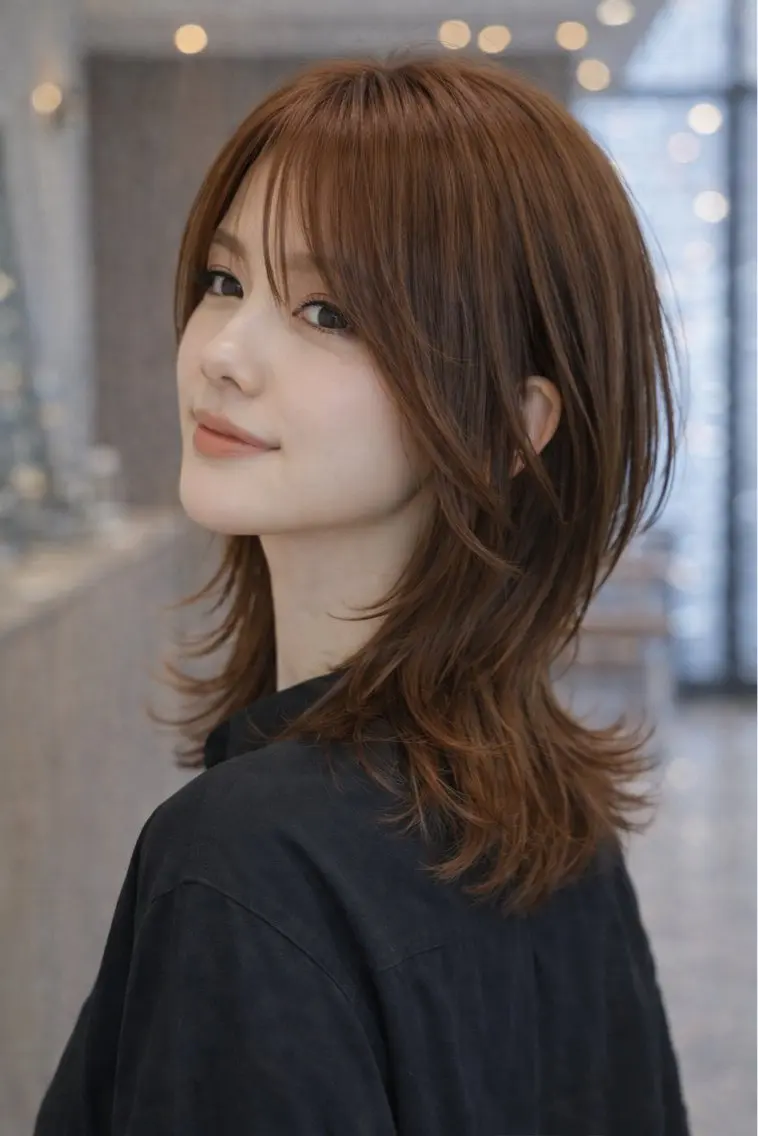 セミロング レイヤーカット 外ハネヘア カット ヘアカラー 齋藤 智佳のヘアスタイル