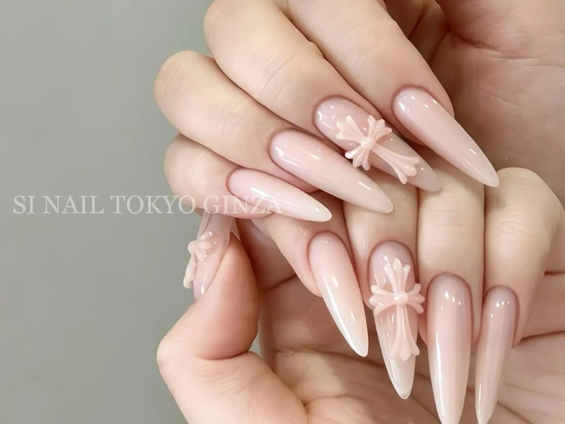 ネイル 韓国ネイル ロングネイル リボン ワンホンネイル SI NAILのネイルデザイン