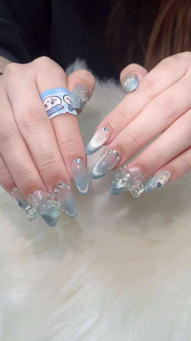 ネイル 韓国ネイル 水色 マグネットネイル ニュアンスネイル オフィスネイル ハンドネイル Hana Rose Nailのネイルデザイン