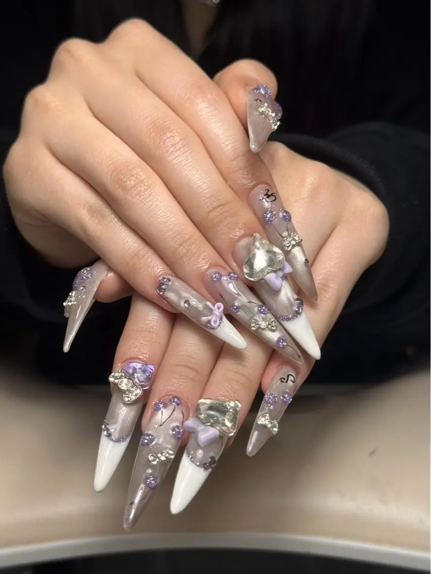 ネイル ハート 韓国ネイル ロングネイル パープル リボン ハンドネイル Ryu Nail YukiChanのネイルデザイン