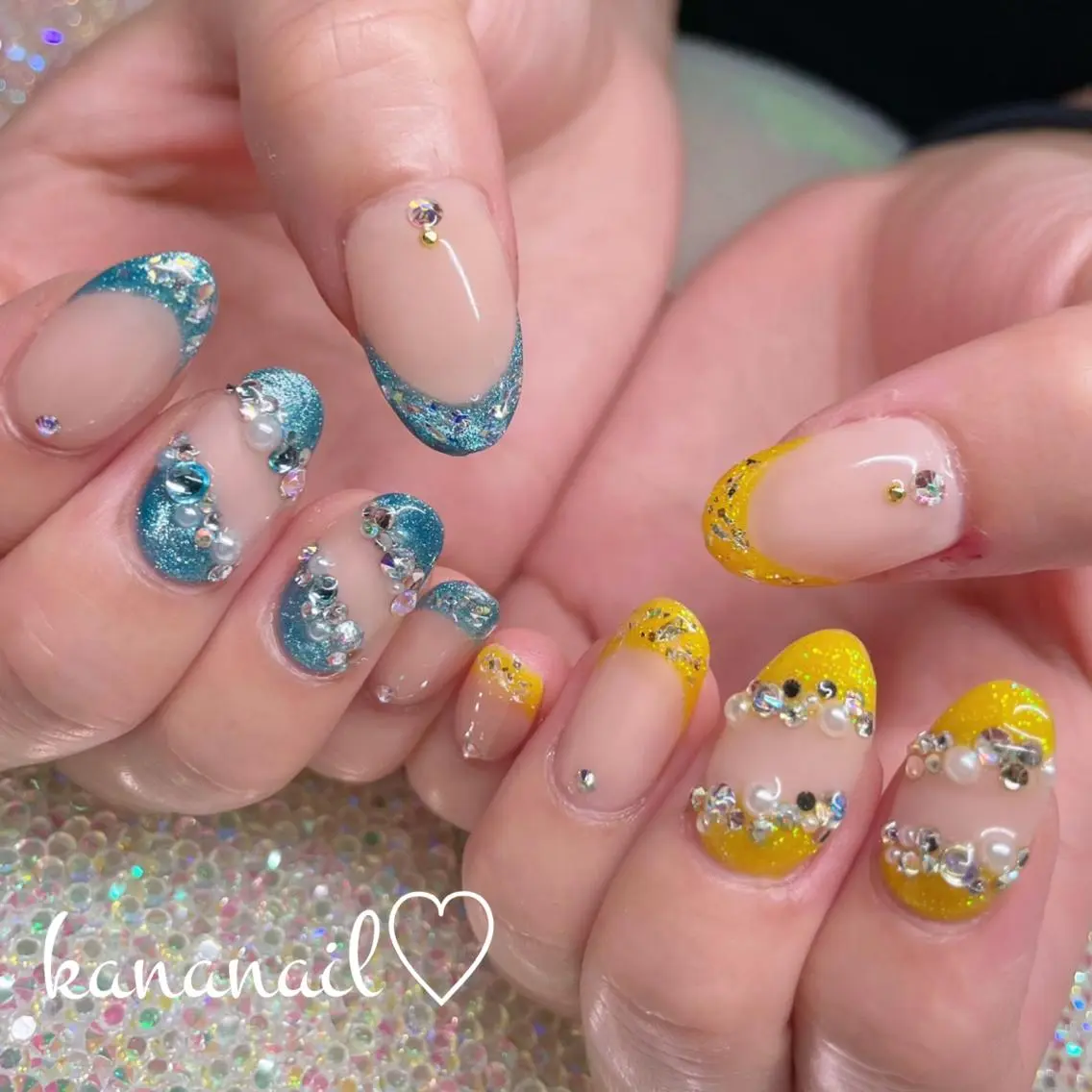 ネイル ブルー 成人式 長さ出し フラッシュネイル フレンチネイル kananail🎀 桜木町ネイルのネイルデザイン