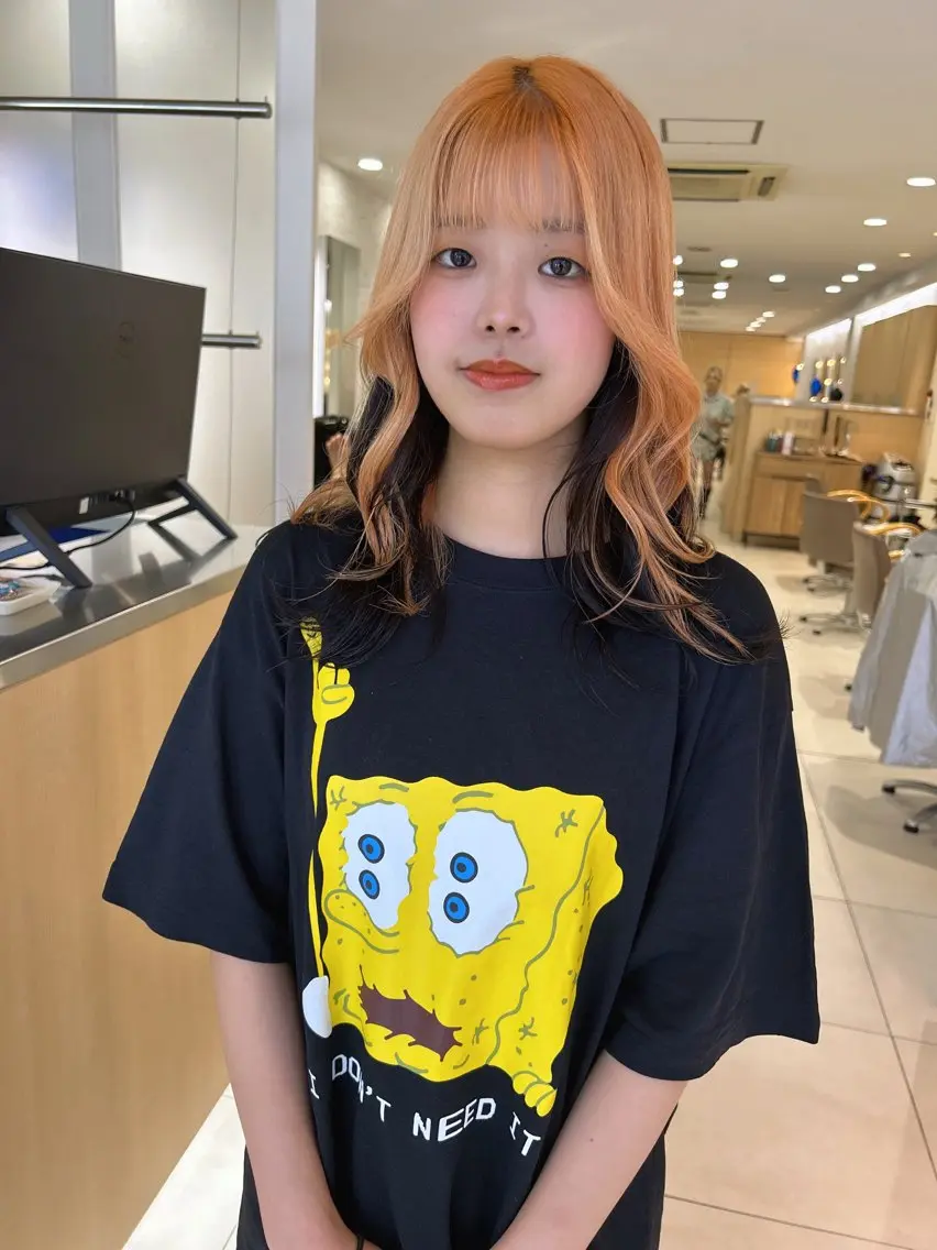 ロング カラー 黒髪 ブリーチ デザインカラー オレンジ カット ヘアカラー ハイトーン/メンズ 水野翔太のヘアスタイル