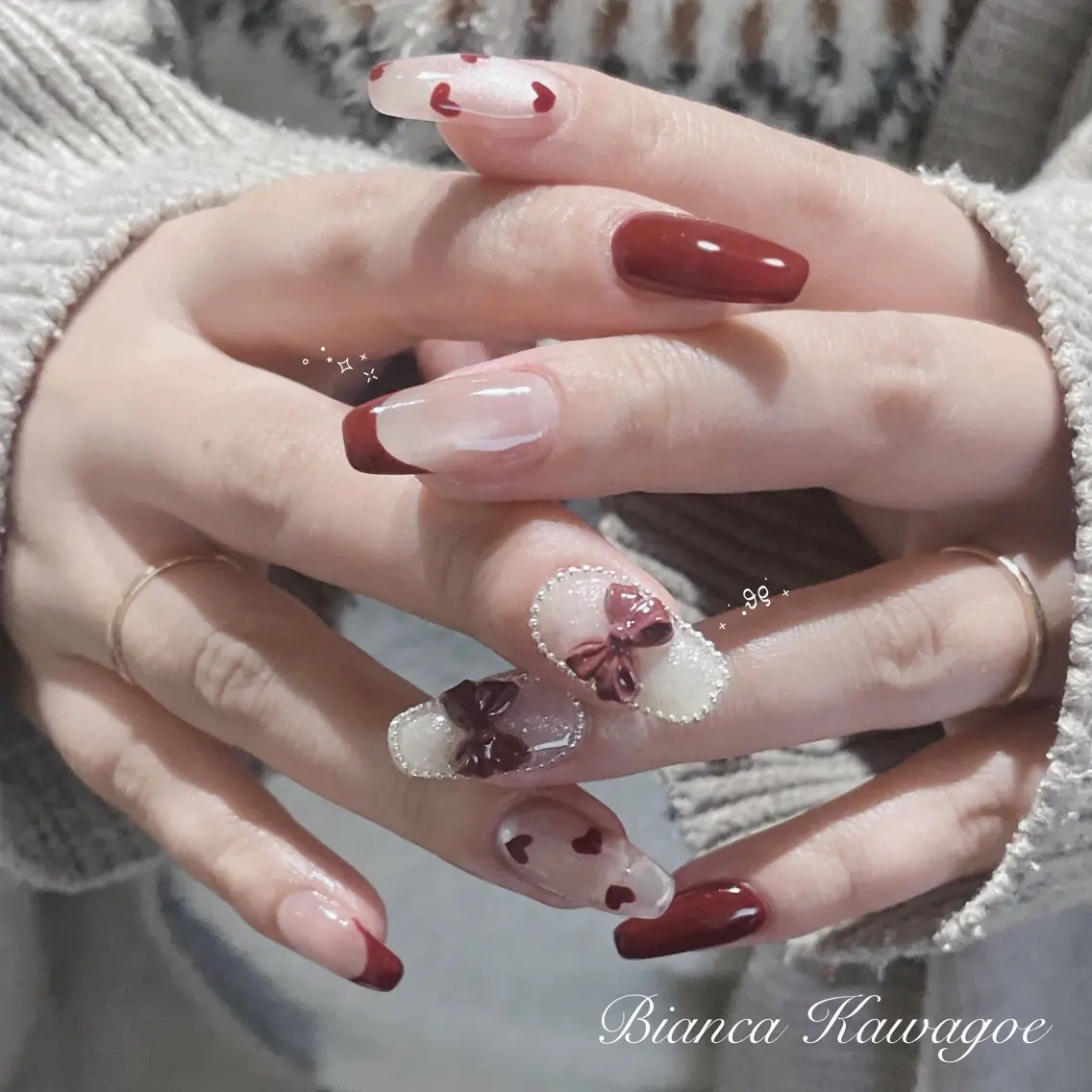 ネイル ボルドー フレンチネイル ガーリー ハート マグネットネイル Bianca川越店 kageyamaのネイルデザイン