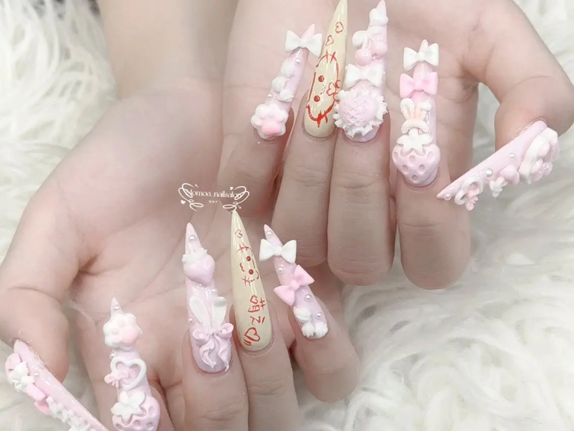 ネイル 成人式 大理石ネイル(マーブル) リボン 夏ネイル ネイルチップ ハンドネイル MoMoA Nail ネイル長さ出し専門店のネイルデザイン