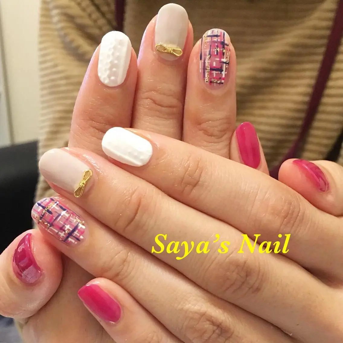 ネイル リボン ツイードネイル 冬ネイル SantéNail SAYAKAのネイルデザイン