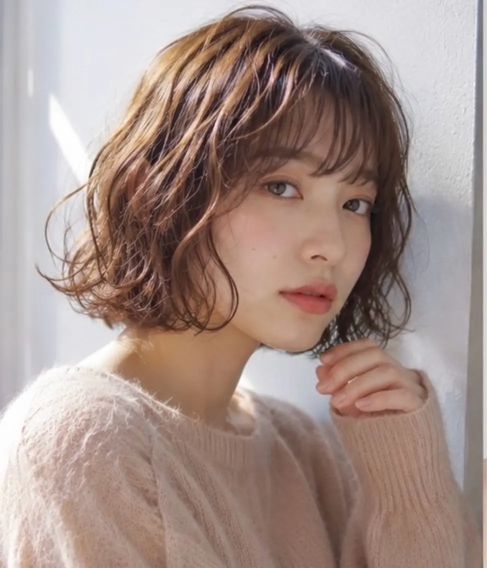 ミディアム パーマ カット パーマ 似合わせ/透明感 /顔まわりカット🌿のヘアスタイル