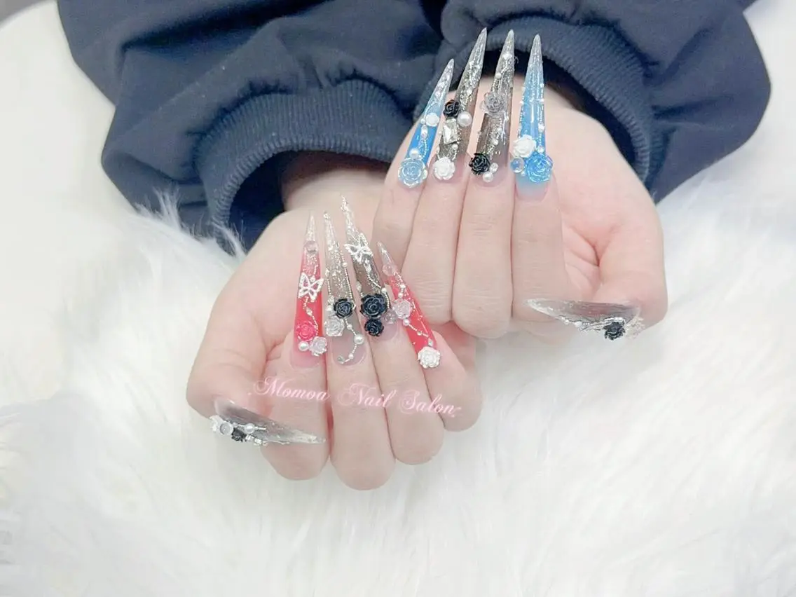 ネイル 成人式 大理石ネイル(マーブル) リボン 夏ネイル ネイルチップ ハンドネイル MoMoA Nail ネイル長さ出し専門店のネイルデザイン