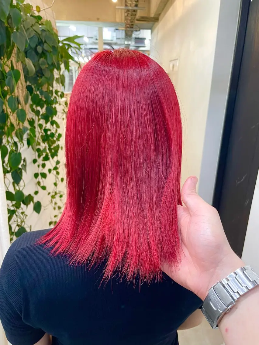 ミディアム カラー レッドカラー ヘアカラー トリートメント ブリーチ有無Wカラー メンズパーマ大成のヘアスタイル