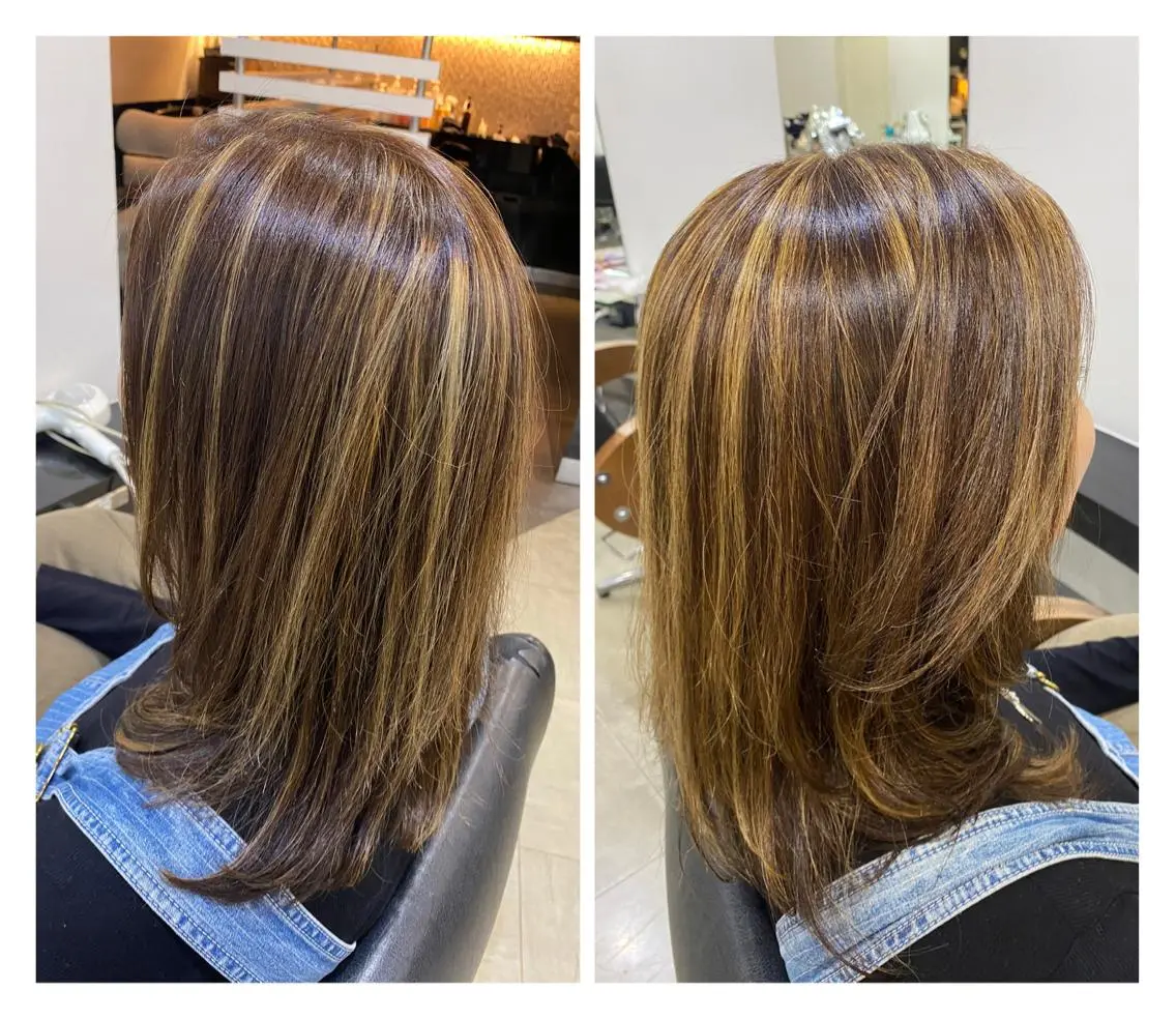 セミロング カラー パーマ ヘアアレンジ セミロングパーマ ハイライトカラー ハイライト トリートメント デジタルパーマ 烏山 達也のヘアスタイル