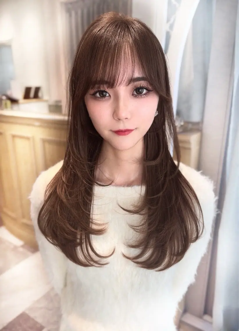 セミロング カラー ベージュカラー 黒髪 ブリーチ ブルーカラー ブルーブラック カット ヘアカラー トリートメント 木屋元一/透明感 /前髪/レイヤーのヘアスタイル