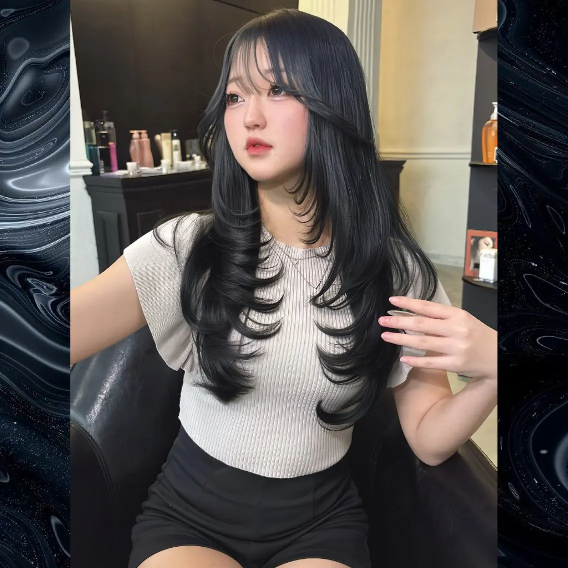 ロング カラー 黒髪 ブルーカラー ブルーブラック カット ヘアカラー Maison Halu YUKIのヘアスタイル