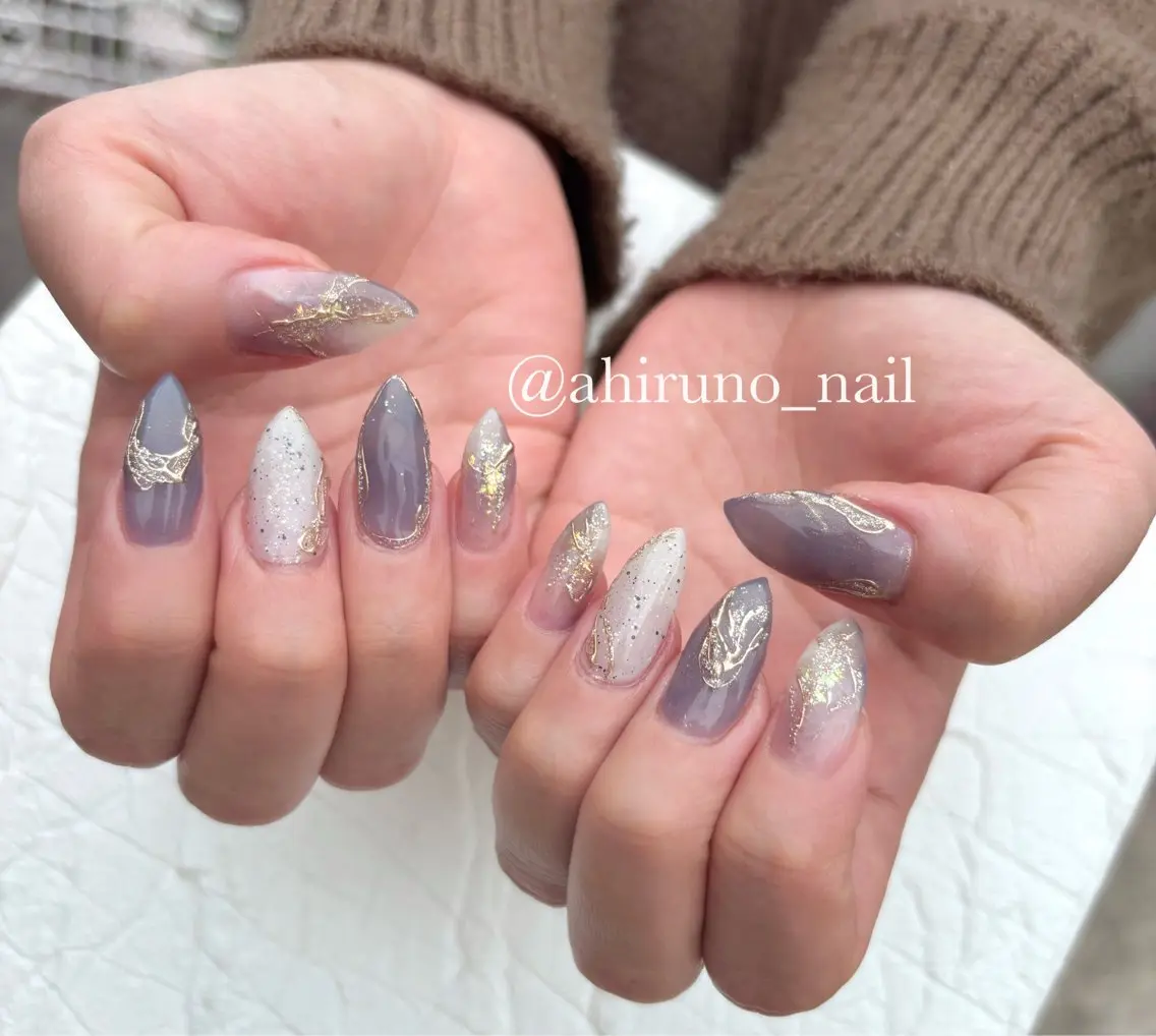 ネイル アートネイル ロングネイル ミラーネイル ネイビー ニュアンスネイル ハンドネイル 東京あきる野市ネイル ✿ yuiのネイルデザイン