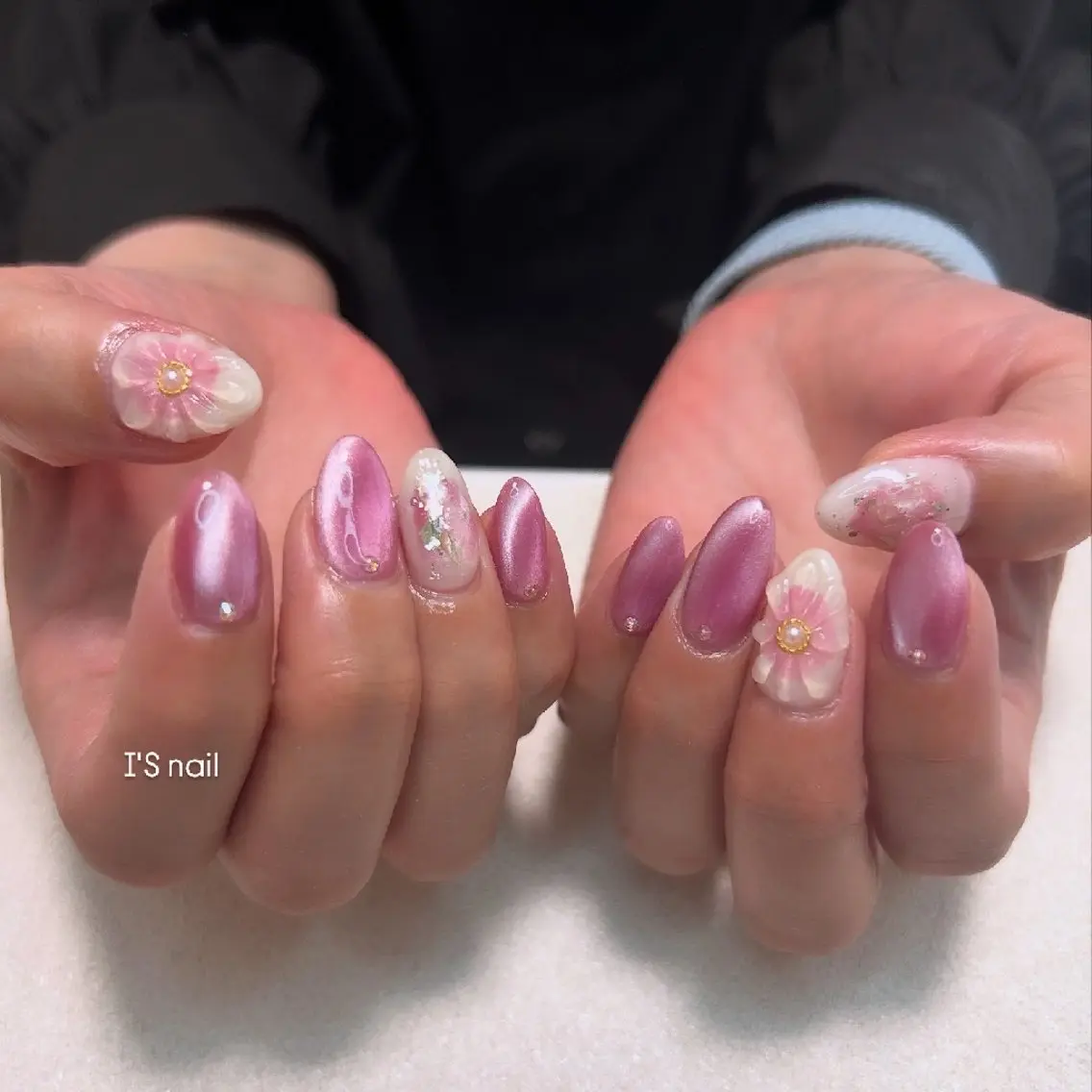 ネイル フラワーネイル ピンク ぷっくりネイル ハンドネイル I'S nail 佐野のネイルデザイン