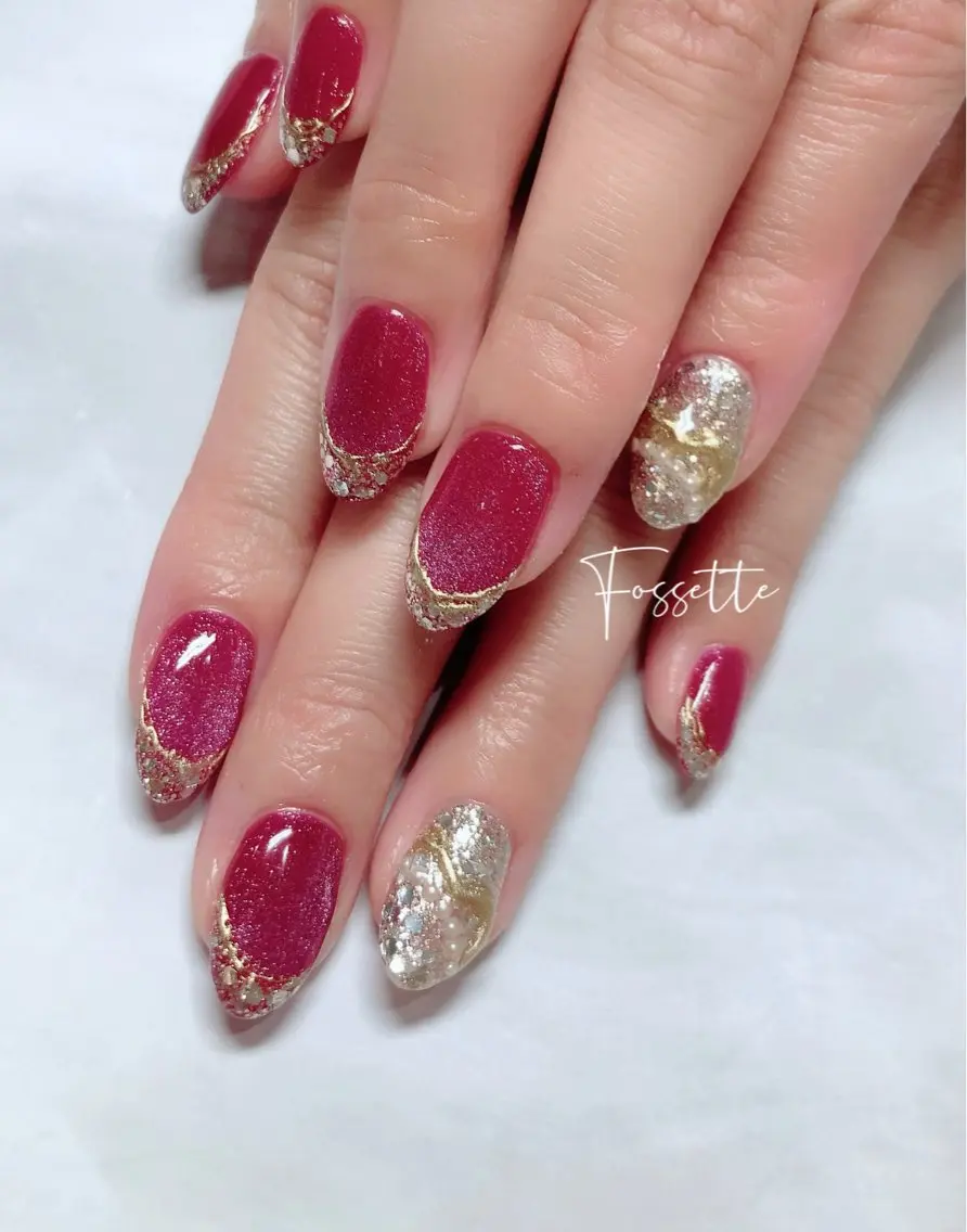 ネイル フレンチネイル ガラスフレンチ キラキラネイル マグネットネイル ミラーネイル ハンドネイル nailsalon Fossetteのネイルデザイン