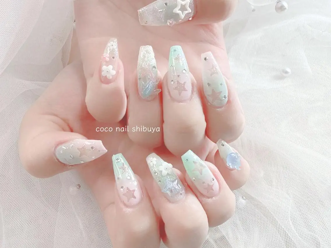 ネイル 成人式 大理石ネイル(マーブル) リボン 夏ネイル ネイルチップ ハンドネイル Min Coco nailのネイルデザイン