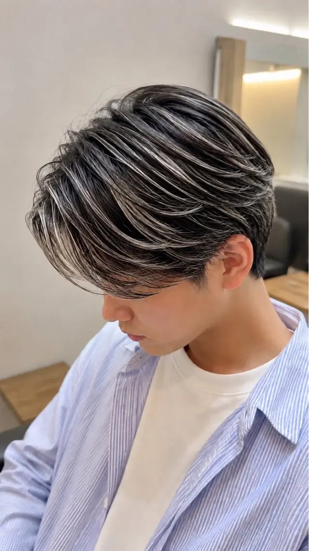 ショート カラー メンズ メンズバレイヤージュ センターパート メンズハイライト メンズパーマ バレイヤージュ ヘアカラー 博多【メンズ特化】 市川のヘアスタイル